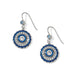Pair of blue and silver earrings on a white background