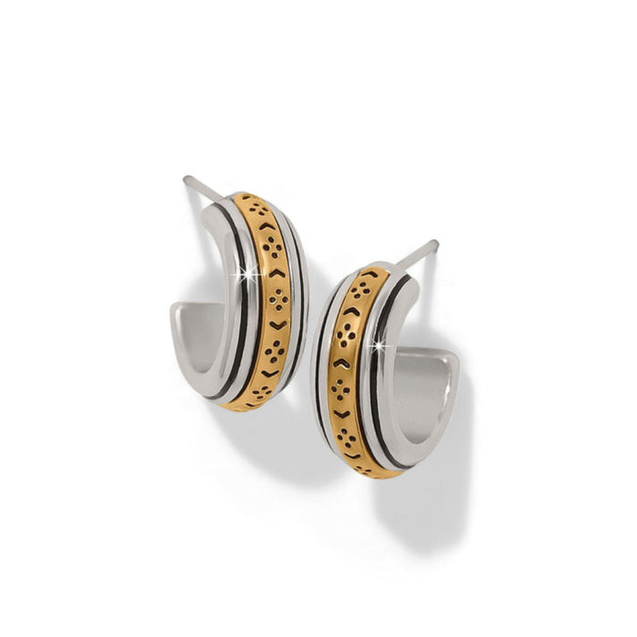 Pair of earrings with gold and silver design on a white background