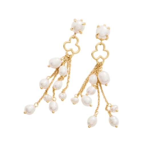 A pair of gold tassel earrings featuring white beads and floral-shaped accents.


