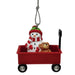 This Ganz Blank D Christmas Ornament features a cheerful snowman and a cute teddy bear riding in a classic red wagon.