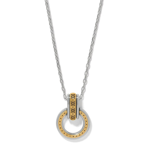 Elegant Mosaic two-tone link ring necklace featuring polished interlocking rings with mixed silver and gold-tone finishes.