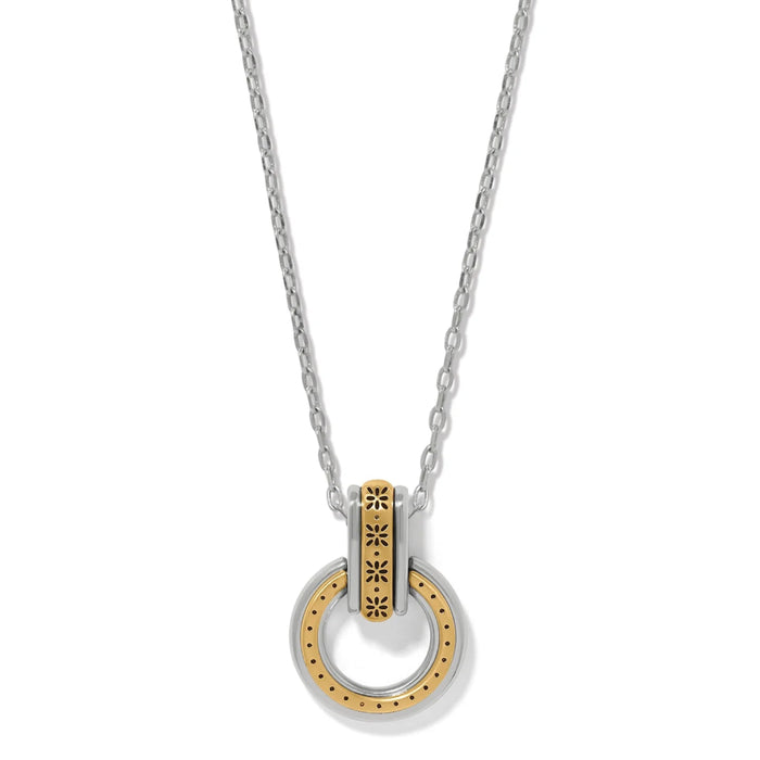 Elegant Mosaic two-tone link ring necklace featuring polished interlocking rings with mixed silver and gold-tone finishes.