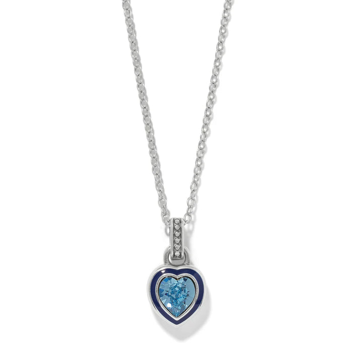 This Brighton Halo Gemma Petite Heart Necklace crafts with a sparkling gemstone center and a halo setting that catches light beautifully. 