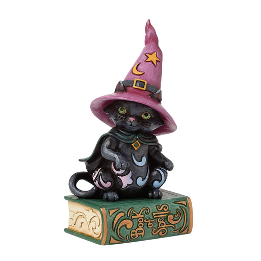 Black cat figurine wearing a tall pink witch hat with moon and star symbols, sitting on a green spellbook with gold details.