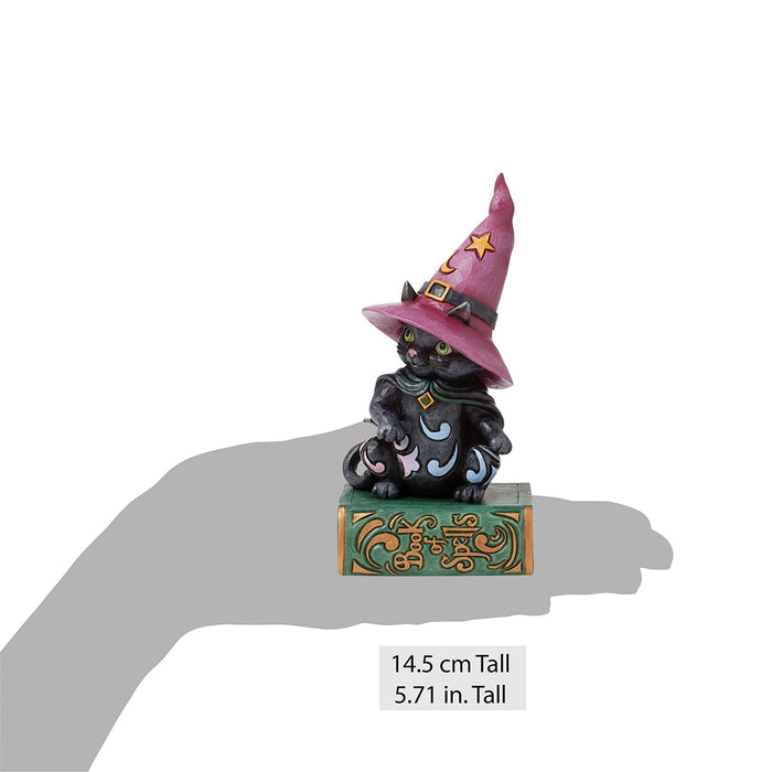 Jim Shore black cat witch figurine shown on a hand silhouette, labeled 14.5 cm tall (5.71 in).
