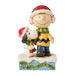 Front view of Peanuts Charlie Brown and Snoopy winter figurine with folk-art details.