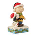 Jim Shore Charlie Brown and Snoopy figurine wearing scarves and Santa hats on snowy base.