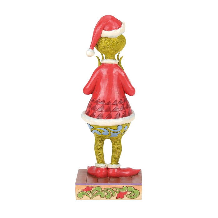 Back view of Grinch with Santa hat and folk-art inspired coat design.