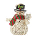 Front view of Jim Shore Snowman Snowflake Staff Mini Figurine with hat and scarf.