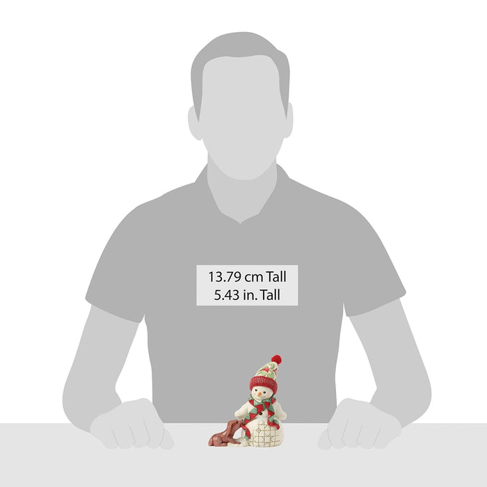 Size comparison of 5.43-inch Jim Shore snowman figurine with dog.