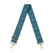Blue floral patterned strap with gold hardware on a white background