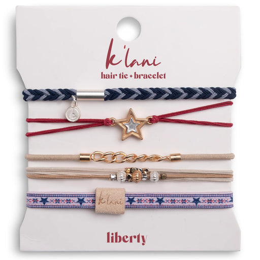 Liberty patriotic red, white, and blue hair tie bracelet with gold and silver star accents.