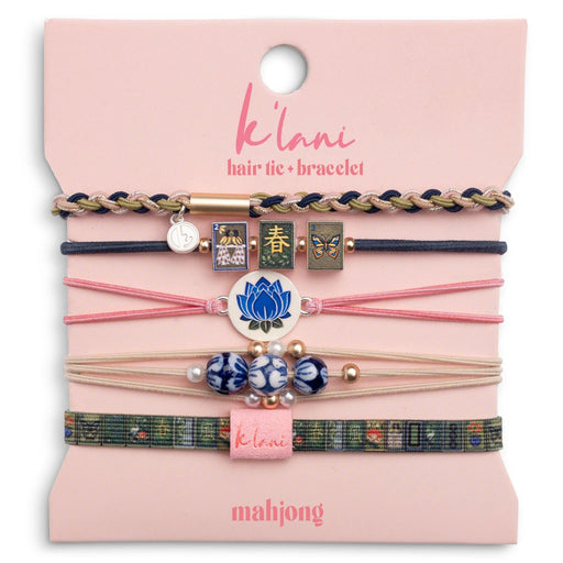 Medium Mahjong-themed hair tie bracelets in pink, green, and blue with lotus flower and Mahjong tile accents.