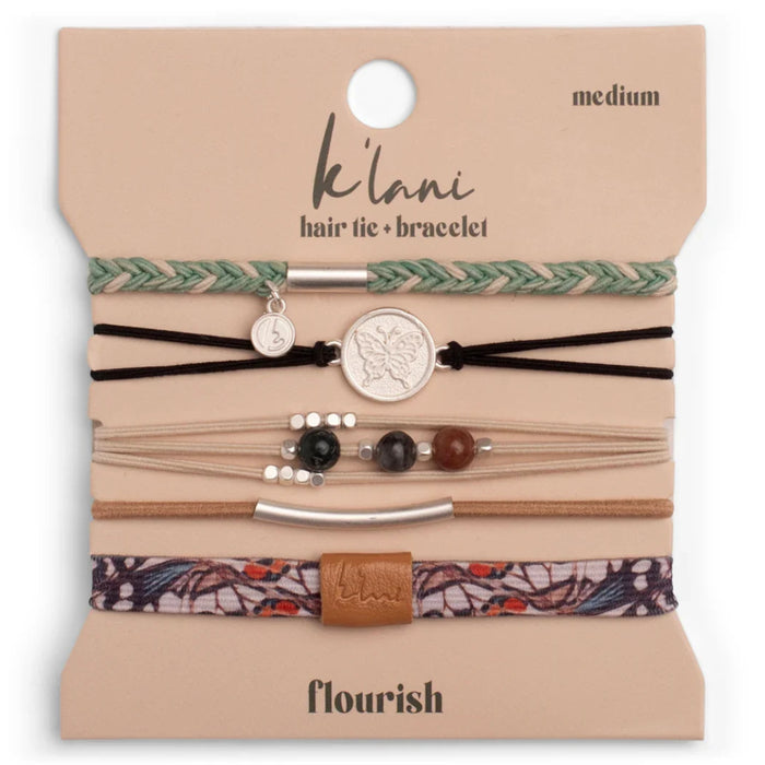 Medium butterfly hair tie bracelet with a natural-inspired design and elegant earthy tones.