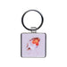 A square keychain featuring a colorful bird design on its surface.