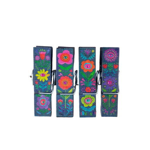 Natural Life Happy Clips Set of 4 featuring colorful Folk Flower-inspired decorative designs