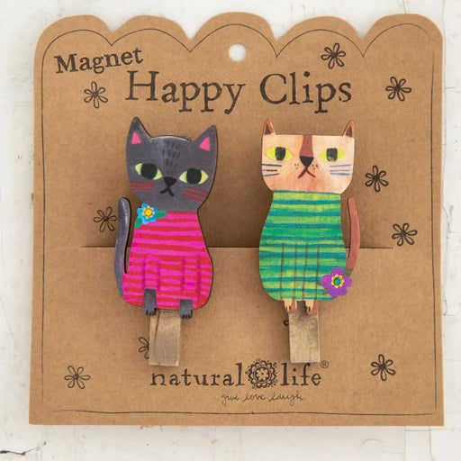 Two cat-shaped clip magnets beside a card that reads "Happy Clips," showcasing a playful and cheerful design.