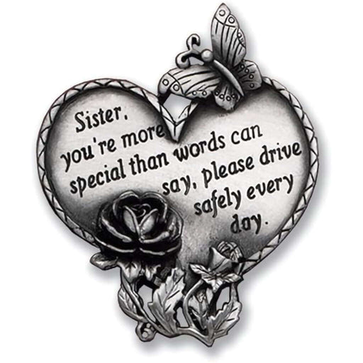 This Cathedral Art Sister Drive Safe Heart Visor Clip features a beautiful heart design and a loving message that reminds her to drive safely every day.