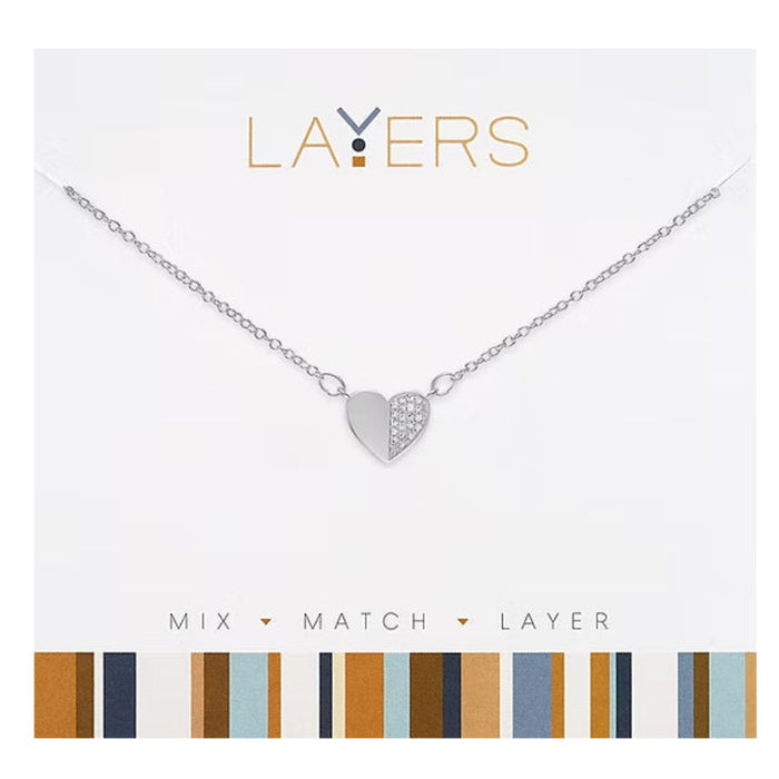 Silver Half CZ Heart Layers Necklace