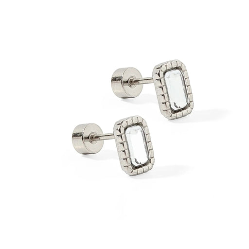 These 10mm studs feature a sleek rectangular design with a dazzling stone at the center, surrounded by a polished silver frame that adds sophistication to the look.