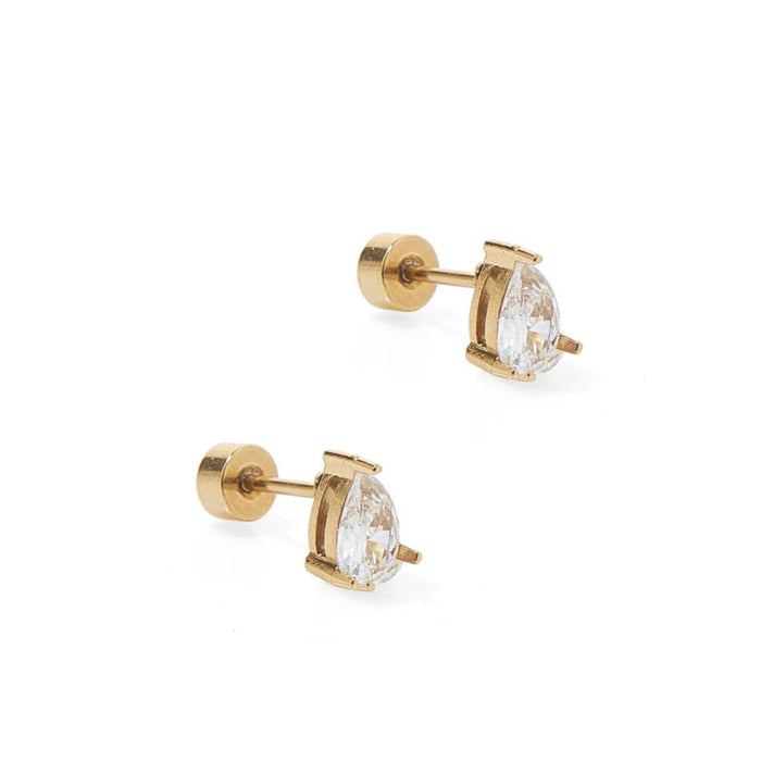 The Paige Pear Screwback Stud Earrings feature a stunning 6mm pear-shaped CZ stone, offering a timeless and elegant look.