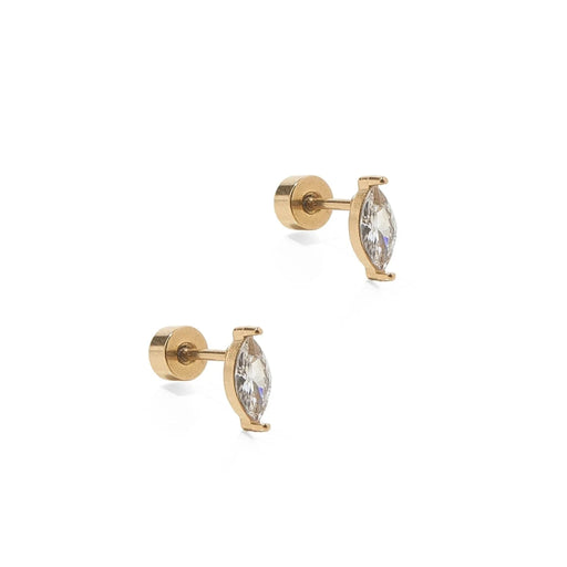 The Maeve Screwback Stud Earrings feature a stunning 8mm CZ Marquis stone, set with elegant gold prongs for a touch of luxury. 