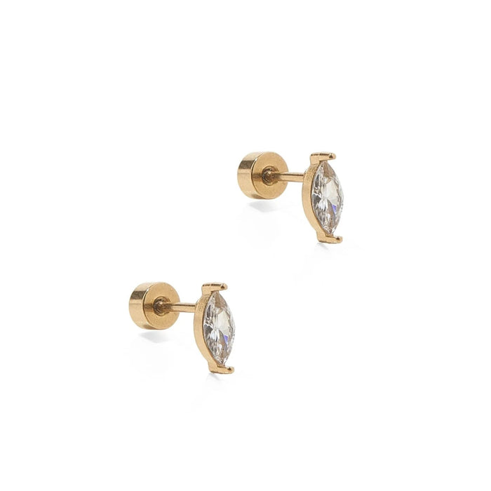The Maeve Screwback Stud Earrings feature a stunning 8mm CZ Marquis stone, set with elegant gold prongs for a touch of luxury. 