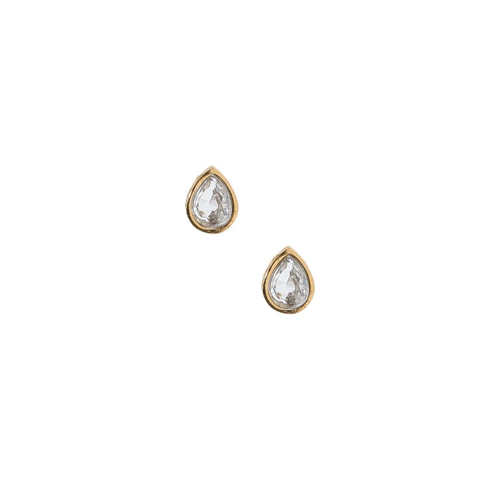The Paloma Pear Gold Screwback Stud Earrings. Featuring a stunning pear-shaped CZ stone set in a sleek gold bezel, these earrings offer a timeless, refined design that adds a touch of elegance to any outfit. 