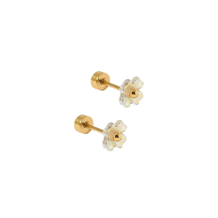 The Sloane Screwback Stud Earrings feature a translucent iridescent flower with a soft golden center, giving off a subtle glow from every angle. 