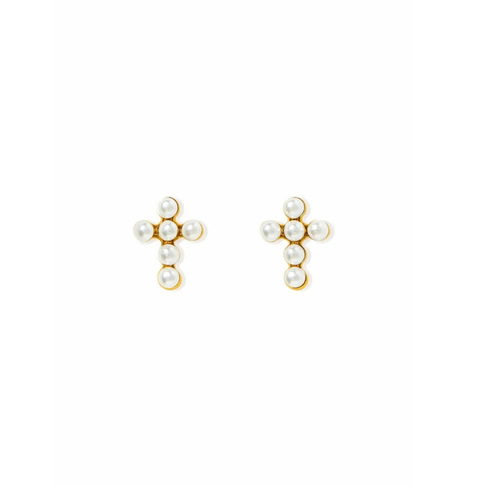  the Clara Cross Screwback Stud Earrings feature 7mm petite pearl-like beads arranged in a delicate cross silhouette. 
