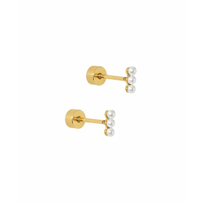 the Janie Pearl Screwback Stud Earrings feature a sleek row of three 5mm pearls arranged in a straight, minimalist line.