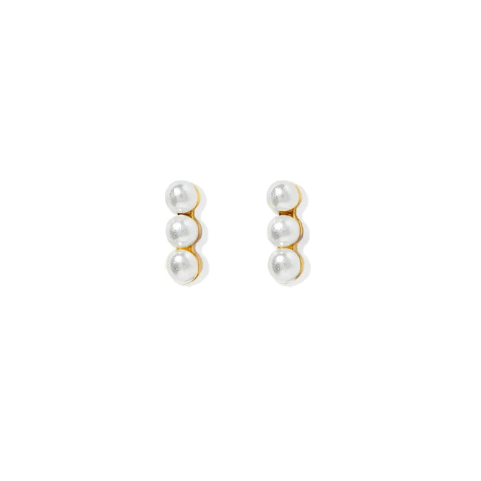 the Janie Pearl Screwback Stud Earrings feature a sleek row of three 5mm pearls arranged in a straight, minimalist line.