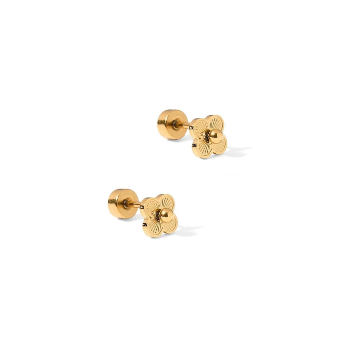 the Sweet Clover Screwback Stud Earrings in gold feature a delicate clover silhouette that adds a charming, refined accent to any ear stack. 