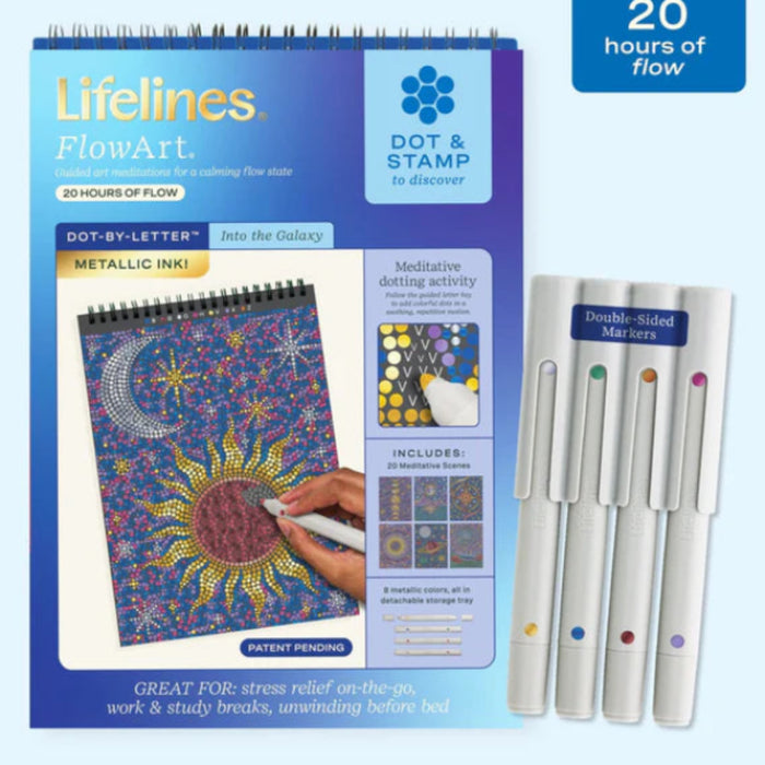 Engage in a meditative dotting activity using a guided letter key to fill the page with vibrant dots. Patent Pending.
