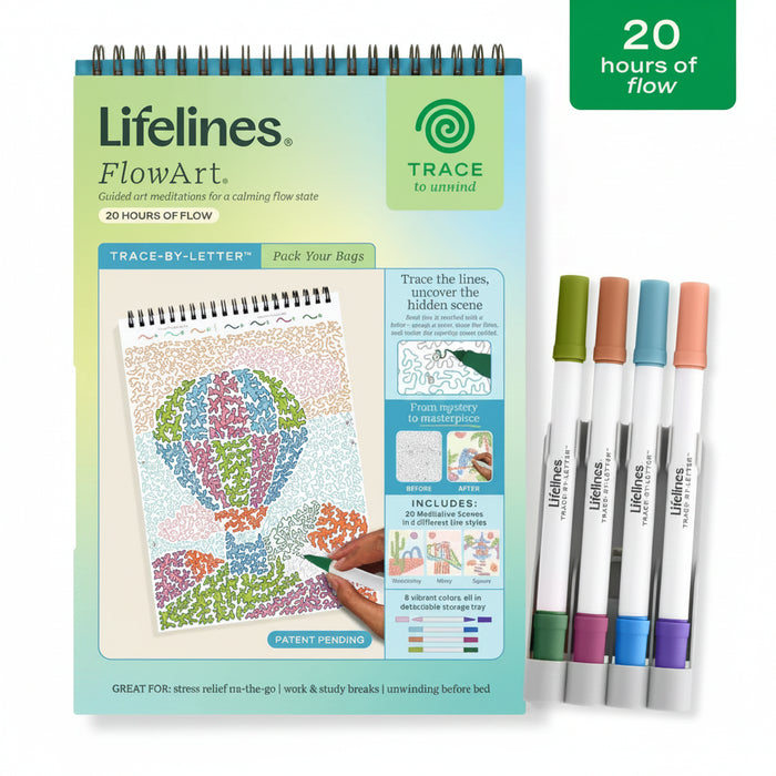 This Lifelines FlowArt Trace-By-Letter, Pack Your Bags offers a relaxing way to enjoy guided, screen-free creativity.