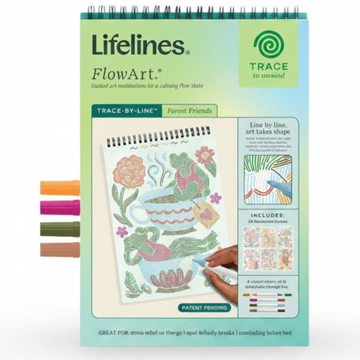 The Lifelines FlowArt Trace-by-Line Woodland Whimsy guided art pad brings enchanting forest scenes to life.