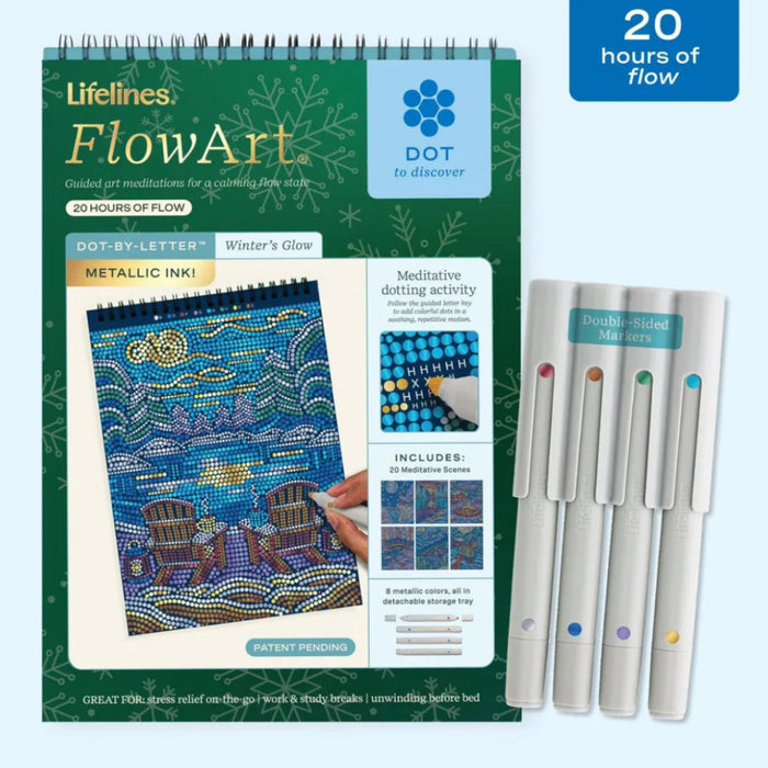 Lifelines FlowArt Winter’s Glow Dot-By-Letter art pad with a snowy nighttime scene and double-sided metallic ink markers.