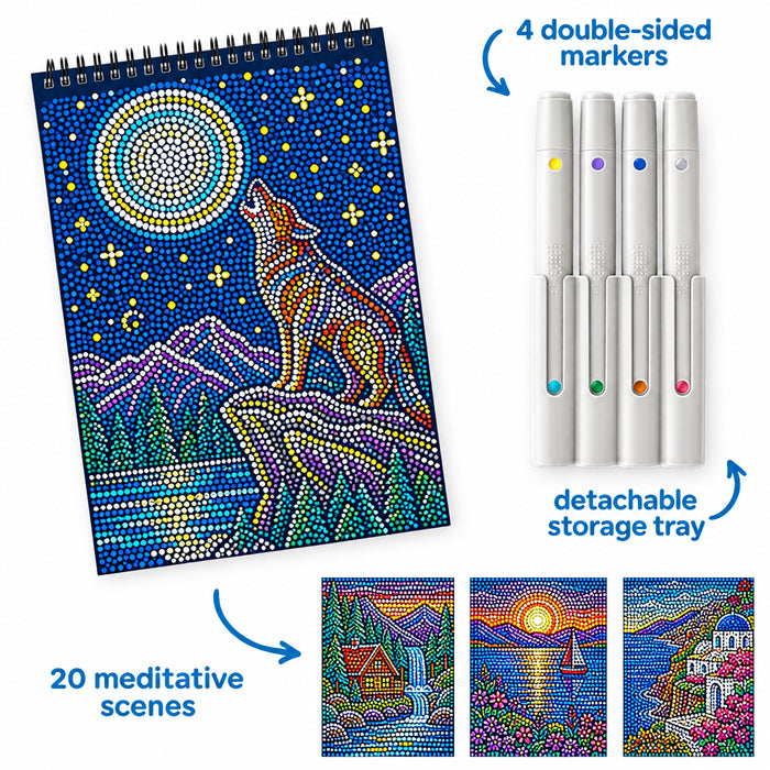 Lifelines FlowArt Winter’s Glow Dot-By-Letter art pad with a snowy nighttime scene and double-sided metallic ink markers.