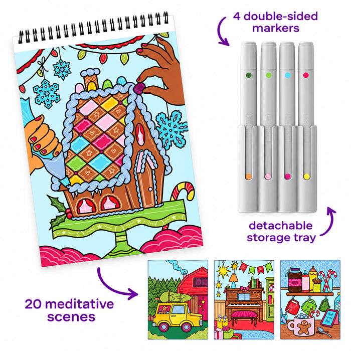 Lifelines FlowArt Home for the Holidays scented color-to-reveal art pad with a festive fireplace scene and five markers.