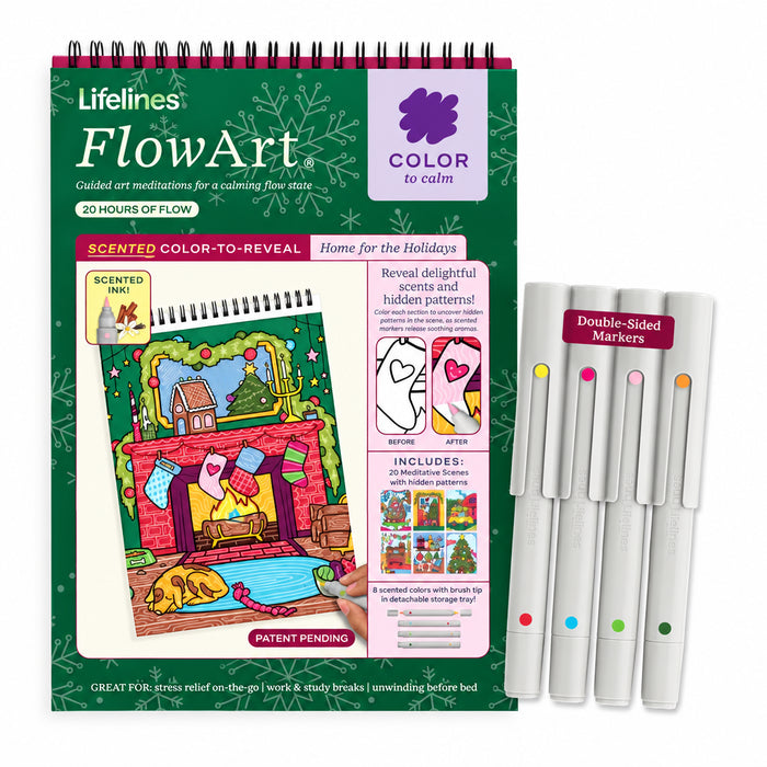 Lifelines FlowArt Home for the Holidays scented color-to-reveal art pad with a festive fireplace scene and five markers.