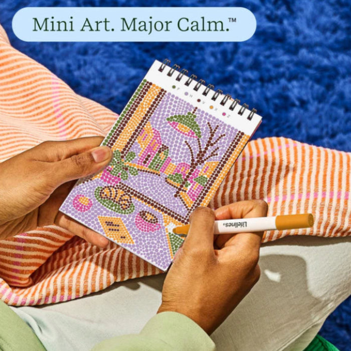Engage in a meditative dotting activity using a guided letter key to fill the page with vibrant dots.
