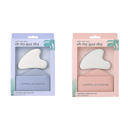 Two packages of Lemon Lavender stainless steel gua sha tools on a white background