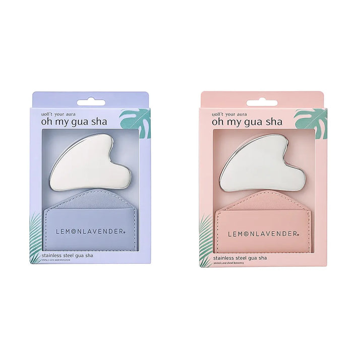 Two packages of Lemon Lavender stainless steel gua sha tools on a white background