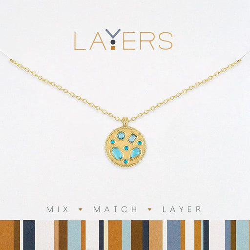 Gold necklace with turquoise stones on a white background, featuring the brand 'Layers'.