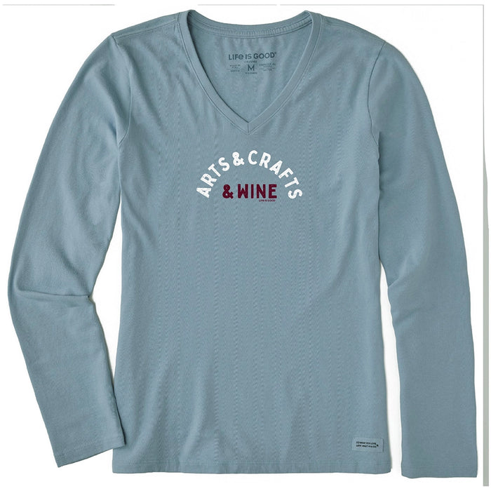 Life Is Good Arts & Crafts & Wine Long Sleeve V-Neck Tee – dusty blue women’s shirt with white and burgundy text.