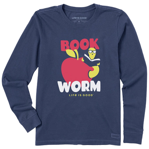 Life Is Good Book Worm Long Sleeve Tee – navy shirt with cartoon bookworm reading a book inside a red apple.