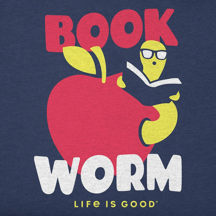 Close-up of Life Is Good Book Worm graphic showing yellow worm with glasses reading inside red apple.