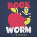 Close-up of Life Is Good Book Worm graphic showing yellow worm with glasses reading inside red apple.
