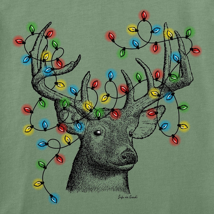 Close-up of Life Is Good Buck Head design featuring deer antlers wrapped in red, green, yellow, and blue Christmas lights.