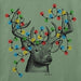 Close-up of Life Is Good Buck Head design featuring deer antlers wrapped in red, green, yellow, and blue Christmas lights.
